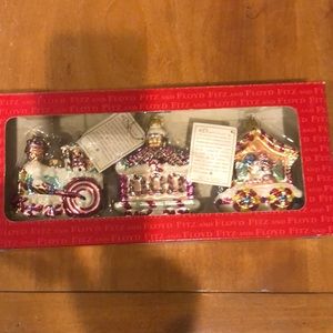 Fitz and Floyd Candylane train glass Christmas ornaments (engine/car/caboose).